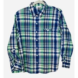 ALLISON DALEY PETITE BUTTON-UP LONG SLV SHIRT, WOMENS, 14P, GREEN BLUE WH. PLAID